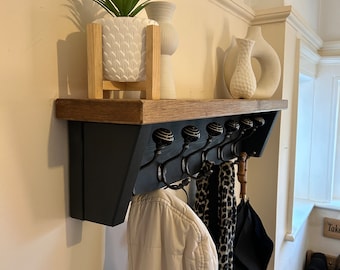 Black Handmade Farmhouse Coat Rack with Shelf: Wood & Cast Iron Hooks