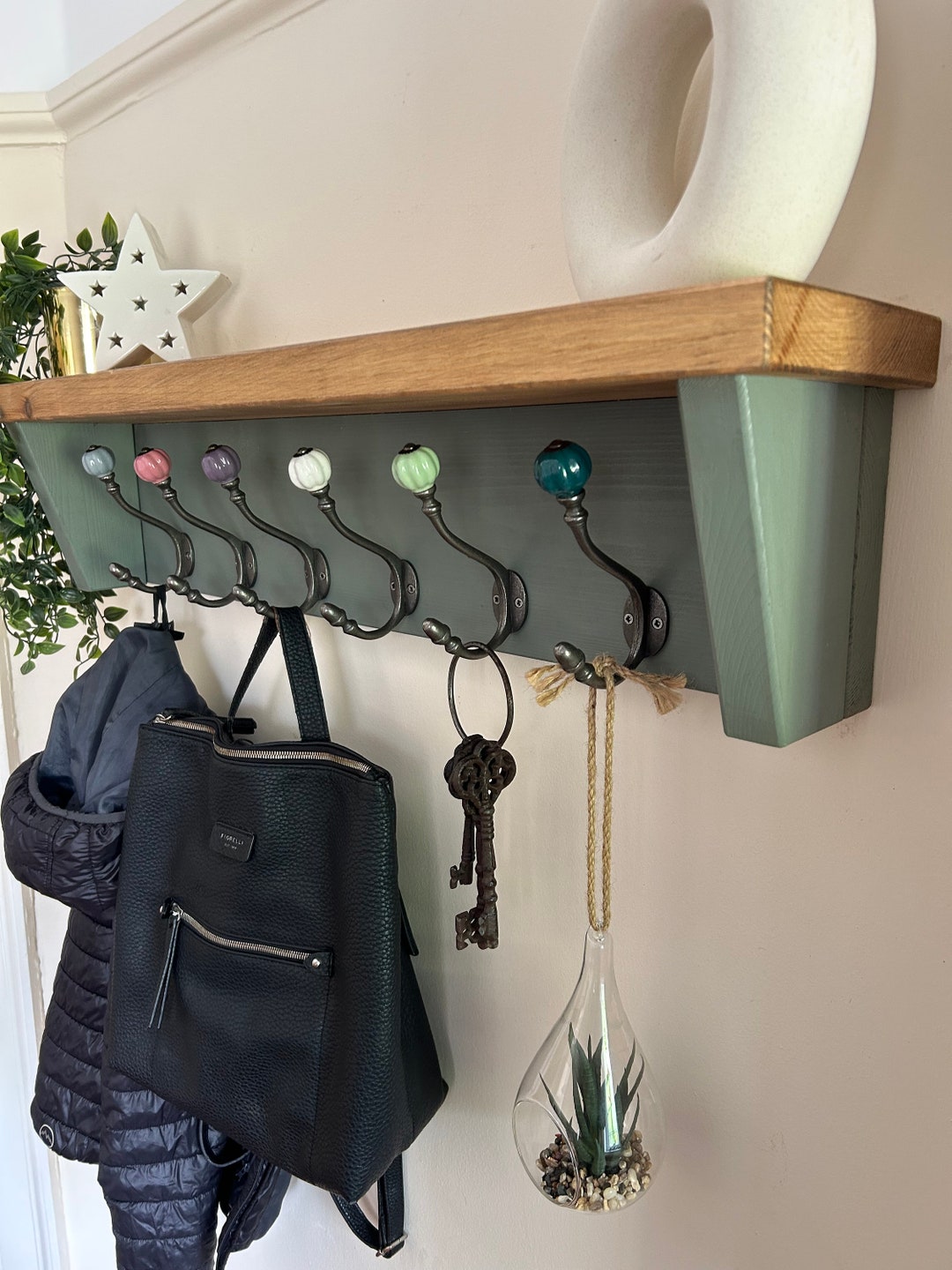Medium Oak and Sage Green Coat Rack With Display Shelf Cast Iron Metal
