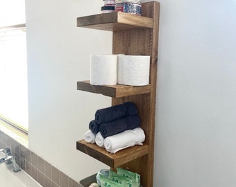 Handmade wall mounted floating bathroom shelf, shower room organiser en-suite shelf made from reclaimed wooden space saver