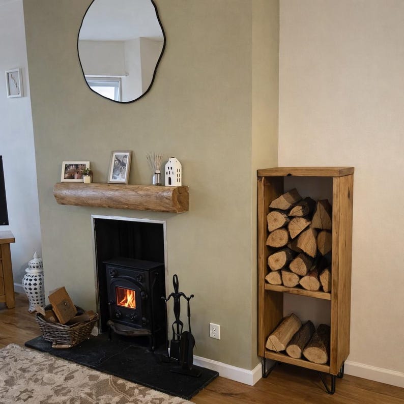Handmade Slim Quebec Pine Wooden Log Store | Firewood & Kindling Storage | Modern Log Burner Wood Holder image 3