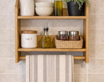 Handmade Wooden Wall Shelf with Towel Rail – Rustic Kitchen & Bathroom Storage
