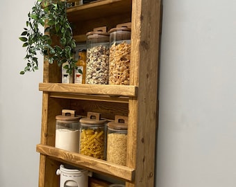 Handmade wall mounted kitchen shelves, pantry organization shelf - storage jars, spice rack, reclaimed wooden cupboard space saver