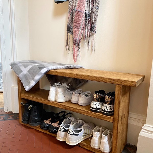 Hand crafted rustic reclaimed wooden shoe bench / shoe rack / shoe storage / hallway bench