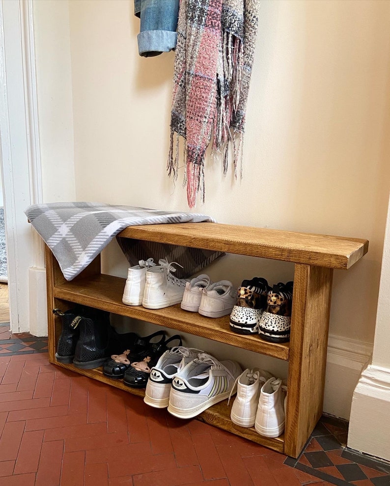 Hand crafted rustic reclaimed wooden shoe bench / shoe rack / shoe storage / hallway bench image 1