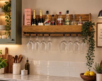 Wall Mounted Wooden Wine Rack with Glass Holder | Rustic Bottle Storage Shelf | Handmade Kitchen & Home Bar Decor