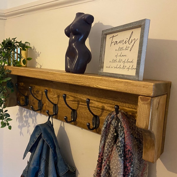 Rustic Wood Coat Rack with Cast Iron Hooks & Shelf