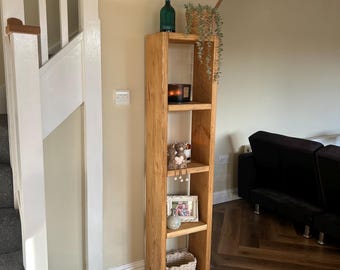 Handmade Tall Wooden Shelving Unit | Slim Freestanding Bookcase | Narrow Storage Display Shelf | Solid Wood Home Decor