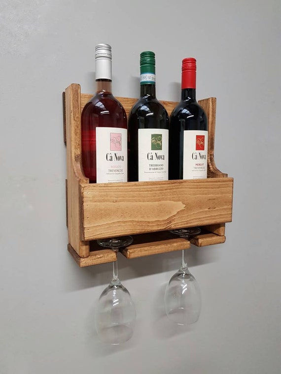 Wine bottle and wine glass holder wall mounted reclaimed timber handmade 
