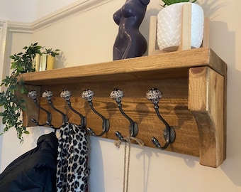 Rustic country Wood Coat Rack with Ceramic Tip Cast Iron Hooks