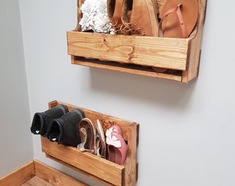Set of 2 Small Shabby Chic Wooden Shoe Racks Rustic Vintage Shoe / Display Shelf Space saver Shoe Storage