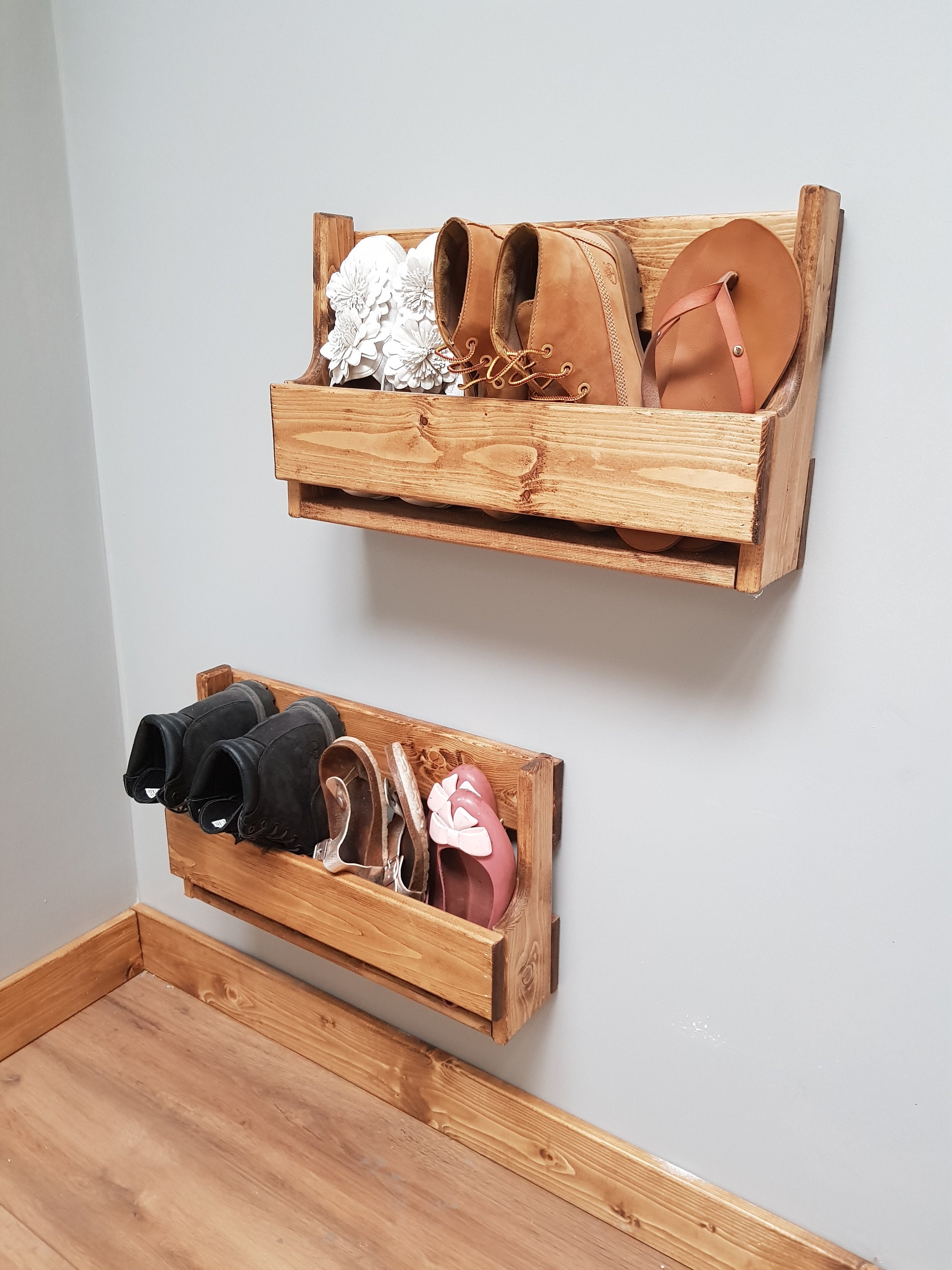 Set of 2 Small Shabby Chic Wooden Shoe Racks Farmhouse Vintage Shoe /  Display Shelf Space Saver Shoe Storage 