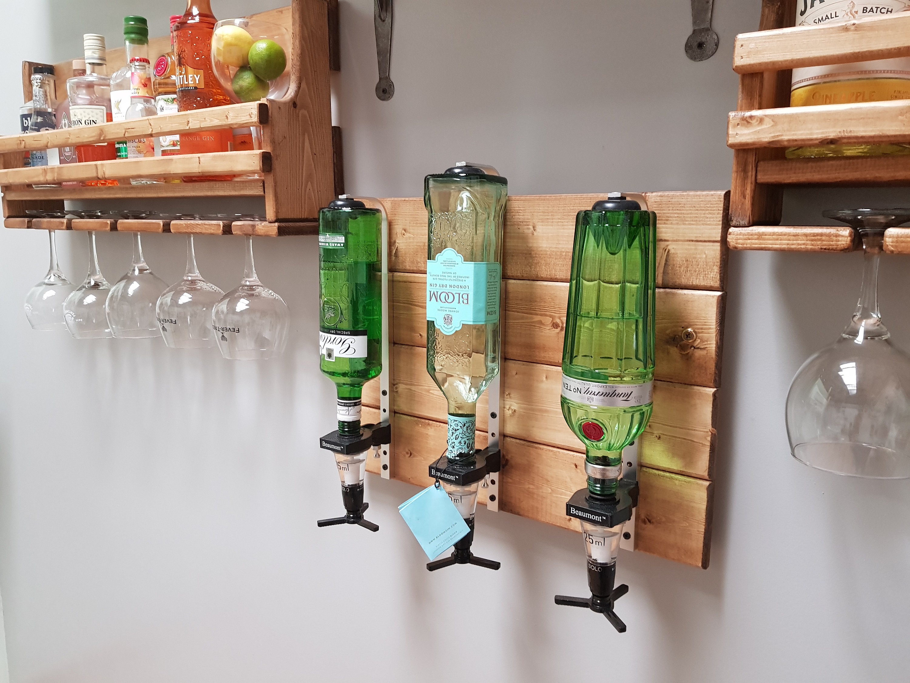 Home Bar - Reclaimed wooden drinks optics plaque - spirit display unit - Beaumont optics - 25ml