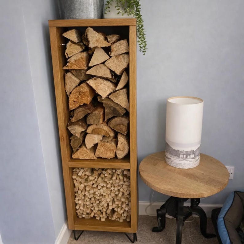 Handmade Slim Quebec Pine Wooden Log Store | Firewood & Kindling Storage | Modern Log Burner Wood Holder image 2