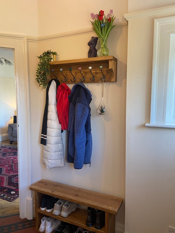 Solid Wood Oak Coat Hooks, Wall Coat Rack With Shelf Entryway, Hallway or  Mudroom 