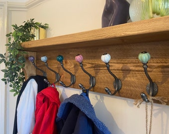 Rustic Reclaimed Wooden Coat Rack Coat Hooks With Shelf Wall Mounted Solid Wood Medium Oak Wax Colour Coloured Ceramic and Cast Iron Hooks