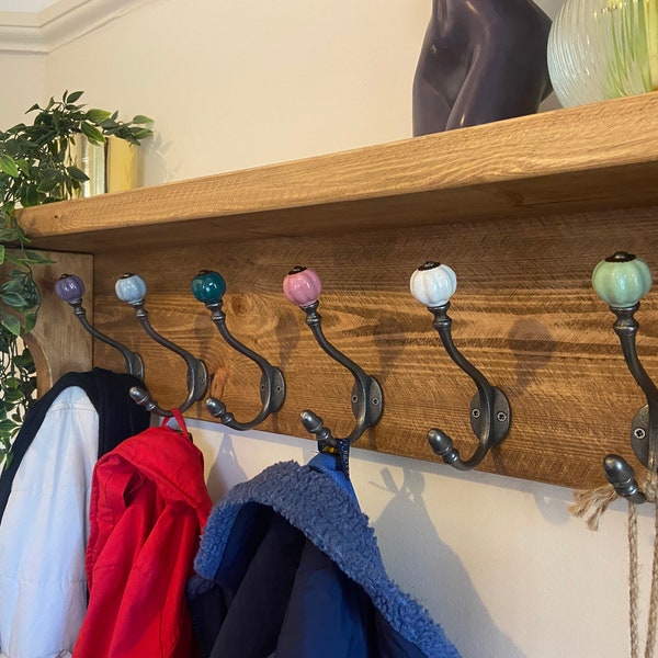 Rustic Reclaimed Wooden Coat Rack Coat Hooks With Shelf Wall Mounted Solid Wood Medium Oak Wax Colour Coloured Ceramic and Cast Iron Hooks