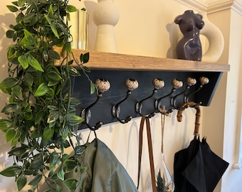 Black Wood Coat Rack with Shelf: Ceramic Tip Cast Iron Hooks
