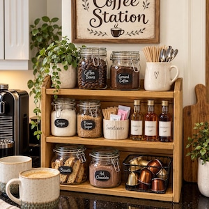 May include: A three-tiered wooden shelf holding glass jars with chalkboard labels for coffee beans, ground coffee, sugar, brown sugar, biscotti, and hot chocolate. Includes a sweetener bowl, syrup bottles, and a wire basket with coffee pods.