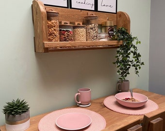 Handmade bespoke reclaimed wooden floating kitchen bottle and jar shelf