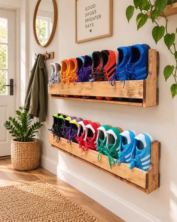 Solid Wood Shoe Rack | Handmade Hallway Shoe Organiser | Space Saving Wall Mounted or Freestanding Storage | Rustic Home Furniture