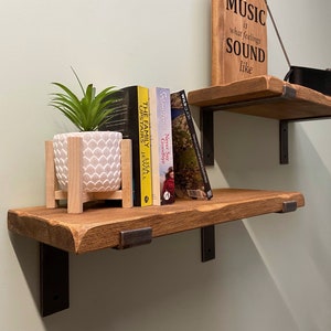 Rustic Style Solid Wood Shelf with Raw Steel Brackets, Handmade 22.5cm Depth wood x 3.5cm Thickness
