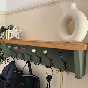 Willow Green and Medium Oak Coat Rack With Shelf - Cast Iron Metal Hooks with ceramic coloured hooks - Wood Rustic Reclaimed