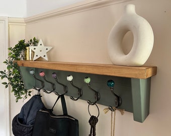 Reclaimed Wood Coat Rack with Ceramic Hook Shelf - Willow Green