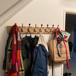 Handmade slimline Wood Coat Rack with Victorian Ceramic Hooks