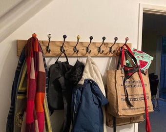 Handmade slimline Wood Coat Rack with Victorian Ceramic Hooks