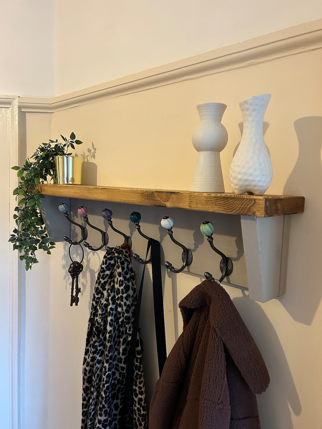 Grey Stone and Medium Oak Coat Rack With Shelf Cast Iron Metal Hooks With  Ceramic Coloured Hooks Wood Rustic Reclaimed Australia