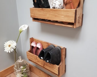 Set of 2 Small Shabby Chic Wooden Shoe Racks Farmhouse Vintage Shoe / Display Shelf Space saver Shoe Storage