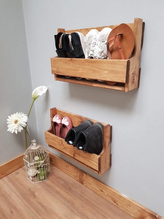 Set of 2 Small Shabby Chic Wooden Shoe Racks Farmhouse Vintage Shoe /  Display Shelf Space Saver Shoe Storage 