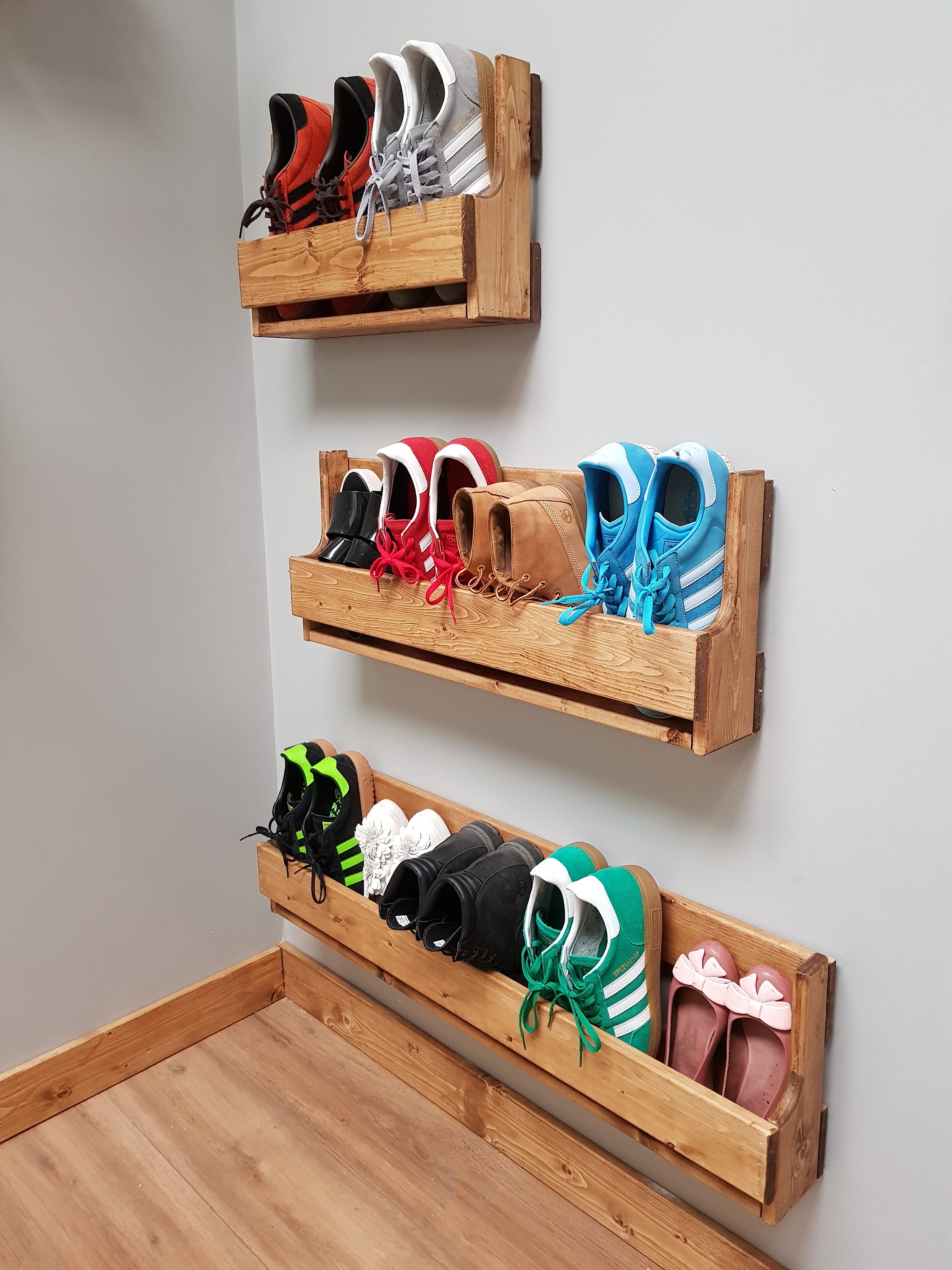 A Set of 3 Upcycled Small Medium and Large Reclaimed Wooden Shoe