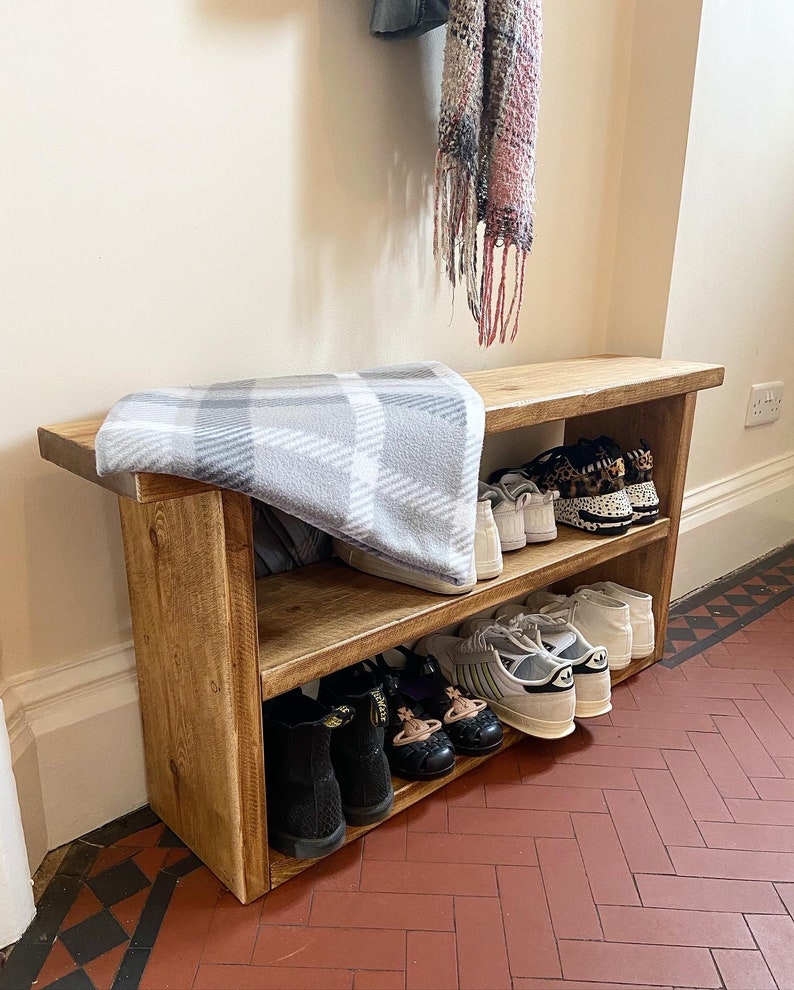 Hand crafted rustic reclaimed wooden shoe bench / shoe rack / shoe storage / hallway bench image 2