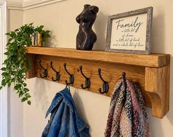 Pine Coat Rack With Shelf - Cast Iron Metal Hooks Wood Rustic