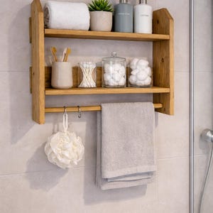 Handmade Wooden Bathroom Shelf with Towel Rail | Rustic Floating Wall Shelf | Farmhouse En-suite Storage Ideal Wetroom shelving