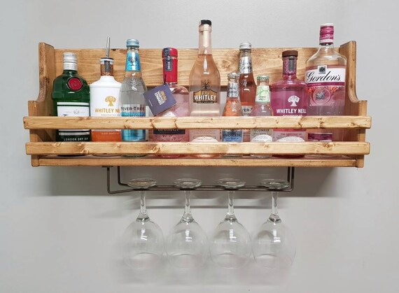 Gin and Tonic Bespoke Medium Reclaimed Wooden Floating Gin and Tonic Spirit Rack With Cast Iron Glass Holder Etsy