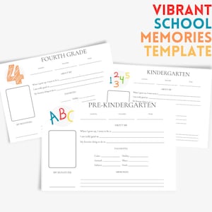 Può includere: Tre modelli di carta bianca per ricordi scolastici etichettati come Fourth Grade, Kindergarten e Pre-Kindergarten. Ogni foglio presenta righe vuote per i dettagli personali, un riquadro per una foto e grafiche colorate tra cui il numero 4, i numeri 1-5 e ABC.