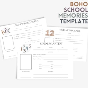 Può includere: Tre modelli di carta bianca per ricordi scolastici con testo nero e accenti di colore tenue. I fogli presentano campi per scuola, insegnante, anno e dettagli personali, con spazi designati per una fotografia e una firma.