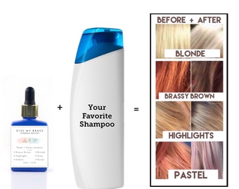Kiss My Brass toning shampoo drops. Make best purple shampoo - customized just 4U. Cure brassy brown, tone blonde + highlights, Best seller