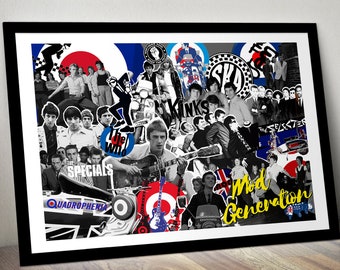 May include: A black and white collage of musicians from the Mod era, including The Who, The Kinks, The Specials, and The Selecter. The collage features iconic imagery from the era, such as scooters, target symbols, and Union Jacks. The text "Mod Generation" is prominently displayed at the bottom of the collage.