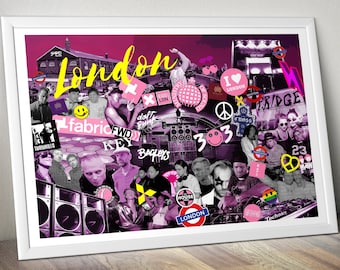 Storia dei club londinesi - Stampa in edizione limitata. Stampa di musica dance, stampa di Londra, arte murale acid house, stampa anni '90, stampa di musica house, poster anni '90.