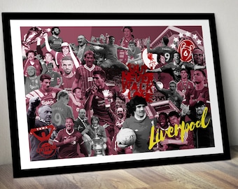 May include: A collage of Liverpool Football Club players in red and white kits, with the text "You'll Never Walk Alone" and "Liverpool" in gold lettering. The background is a maroon color.