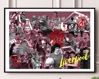 May include: A collage of Liverpool Football Club players in red and white uniforms, with the text "Our Heart Never Walks Alone" and "Liverpool" in gold lettering. The collage is set against a maroon background.
