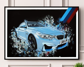 May include: A blue BMW M4 sports car with a black background and white paint splatters. The car has a blue, white, and red stripe on the right side of the image. The car's license plate reads "BD16 XM".