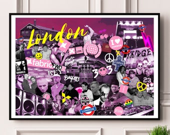 Storia dei club londinesi - Stampa in edizione limitata. Stampa di musica dance, stampa di Londra, arte murale acid house, stampa anni '90, stampa di musica house, poster anni '90.