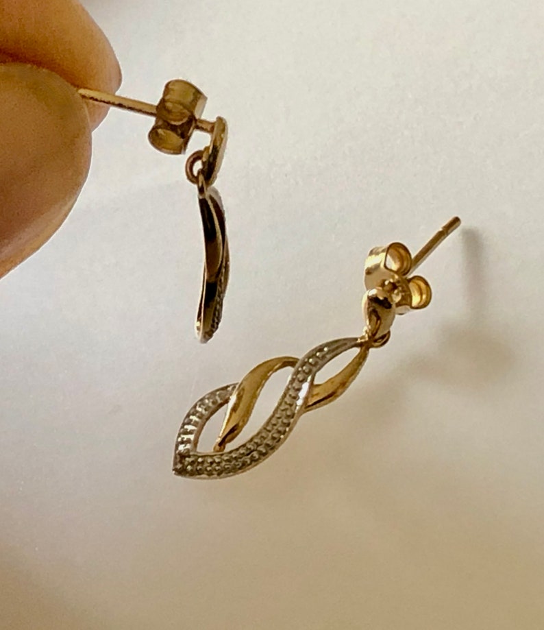 9ct Gold Tiny Diamond Earrings. Yellow and White Gold Earrings. Bridesmaids Earrings. C1980's