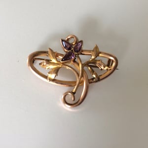 Art Nouveau 1920's Floral Gilded Pin. Amethyst Glass Art Nouveau Pin