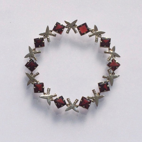 Garnet  Sterling Silver Jambiya Bracelet. Square cut Garnet Dagger Braclet 1950-60's Hand-Made. Unisex.