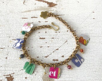 Brass bracelet with tin pendants, medal bracelet, colored agate, adjustable bracelet, handmade in Italy, unique piece.
